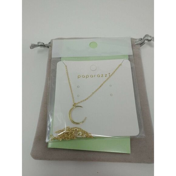 Gold Crescent Moon Necklace On Gold Chain Link with Special Bonus Item Fast Ship - Picture 1 of 5